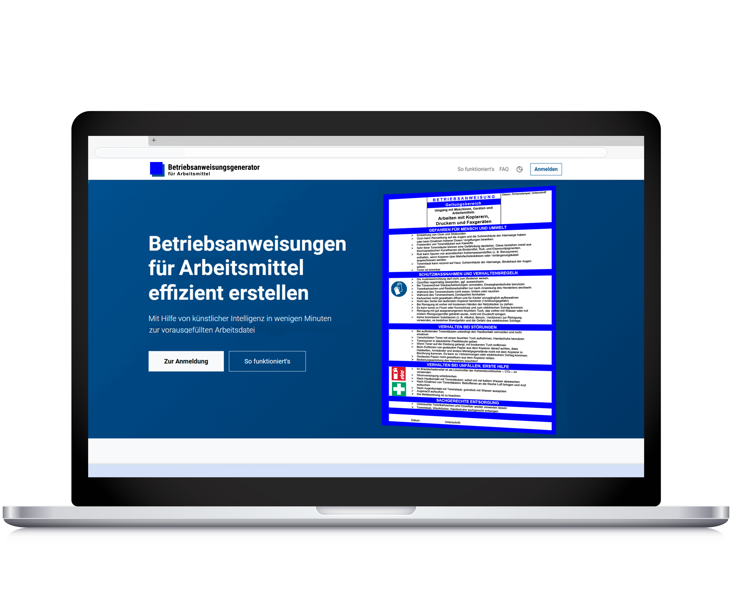 Oberfl&auml;che des Betriebsanweisungsgenerators f&uuml;r Arbeitsmittel